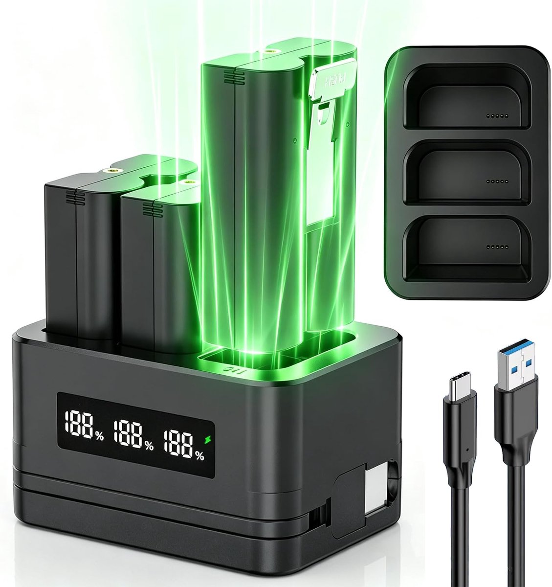 3-pack 3,65V 6040mAh vervangende batterij met oplaadstation, LED digitaal display, Type-C oplaadpoort, voor Ring Deurbel Camera 2/3/4,3Plus, Spotlight Camera en Stick Up Cam