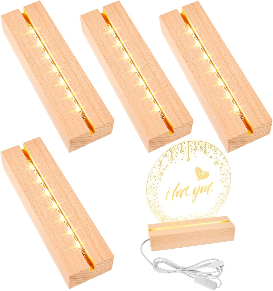 Pakket van 4 LED-voetjes, houten voet, LED-lichtvoet, lichtvoet met USB-schakelaar, warme kleuren LED houten standaard, 20 cm lang, LED-lichtdisplayvoet voor glasblok, kristallen, glas, hars, kunst