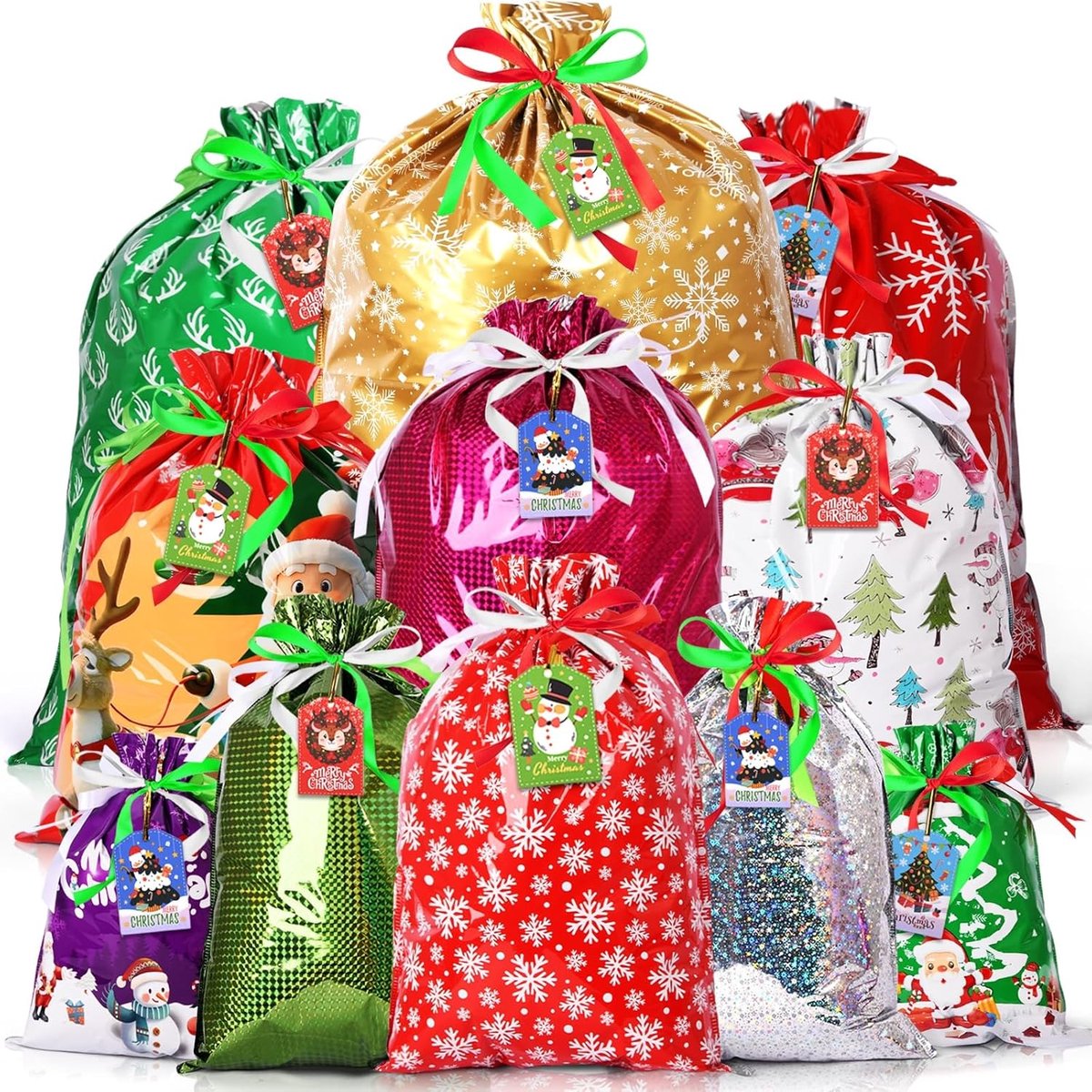 Kerst traktatiezakken, 8 ontwerpen trekkoord kerst goodie tassen, kleine schattige kerstsnoepzakjes X'mas geschenkzakjes voor feestbenodigdheden (A, 32 stuks)