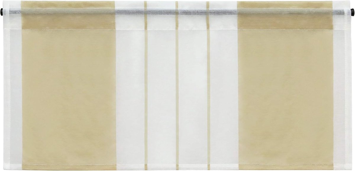Vitrage met strepen-dessining, half-transparant, kort, trekkoord, keuken, eetkamer, bistrogordijn, zandkleurig, h x b 45 x 90 cm