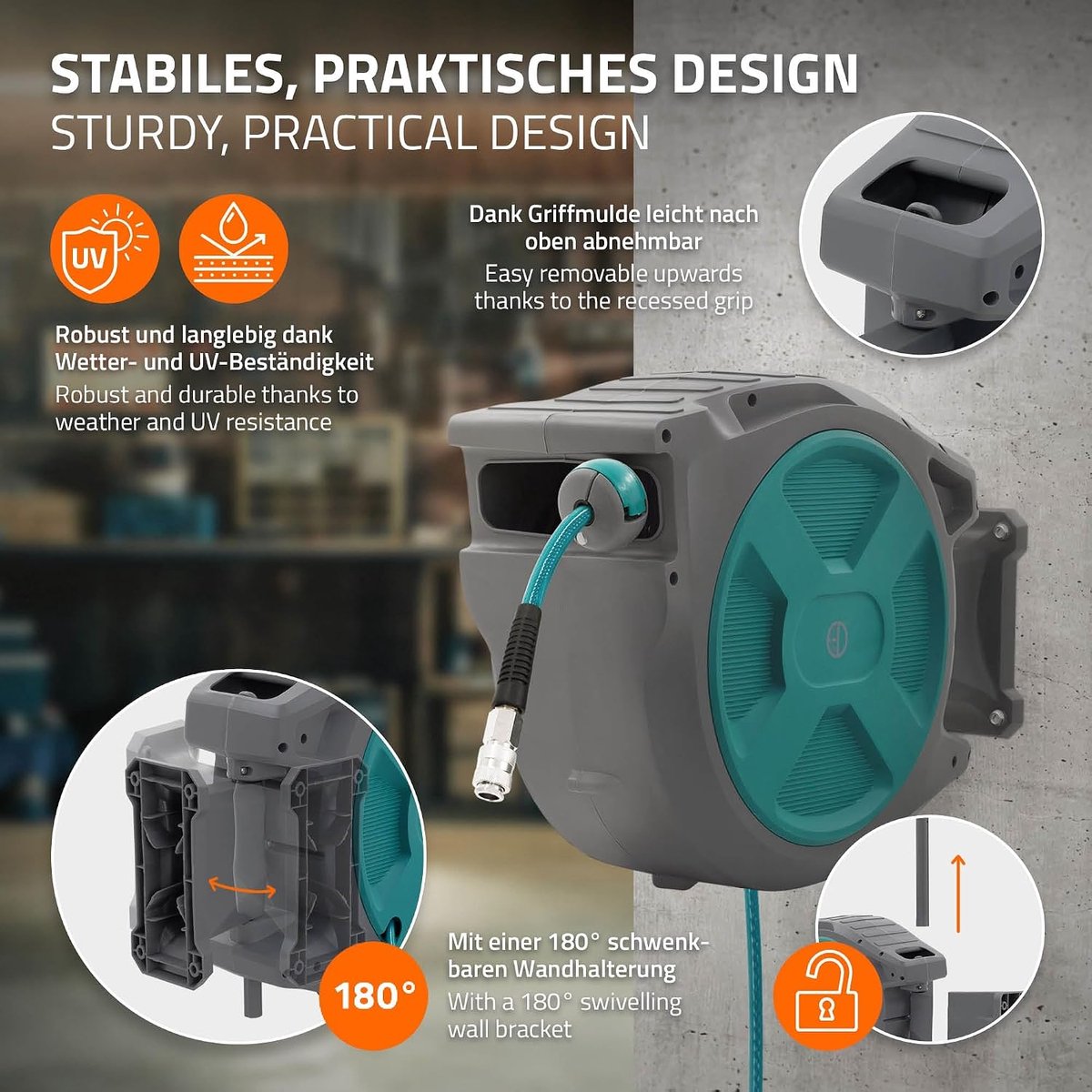 SnelShoppen - Automatische Slanghaspel 30 m met 2 m Inlaat Slang, 1/4 inch Snelsluiting, 15 Bar, 180° Draaiend, Wandmontage, Compressed Air Hoes, Tuin