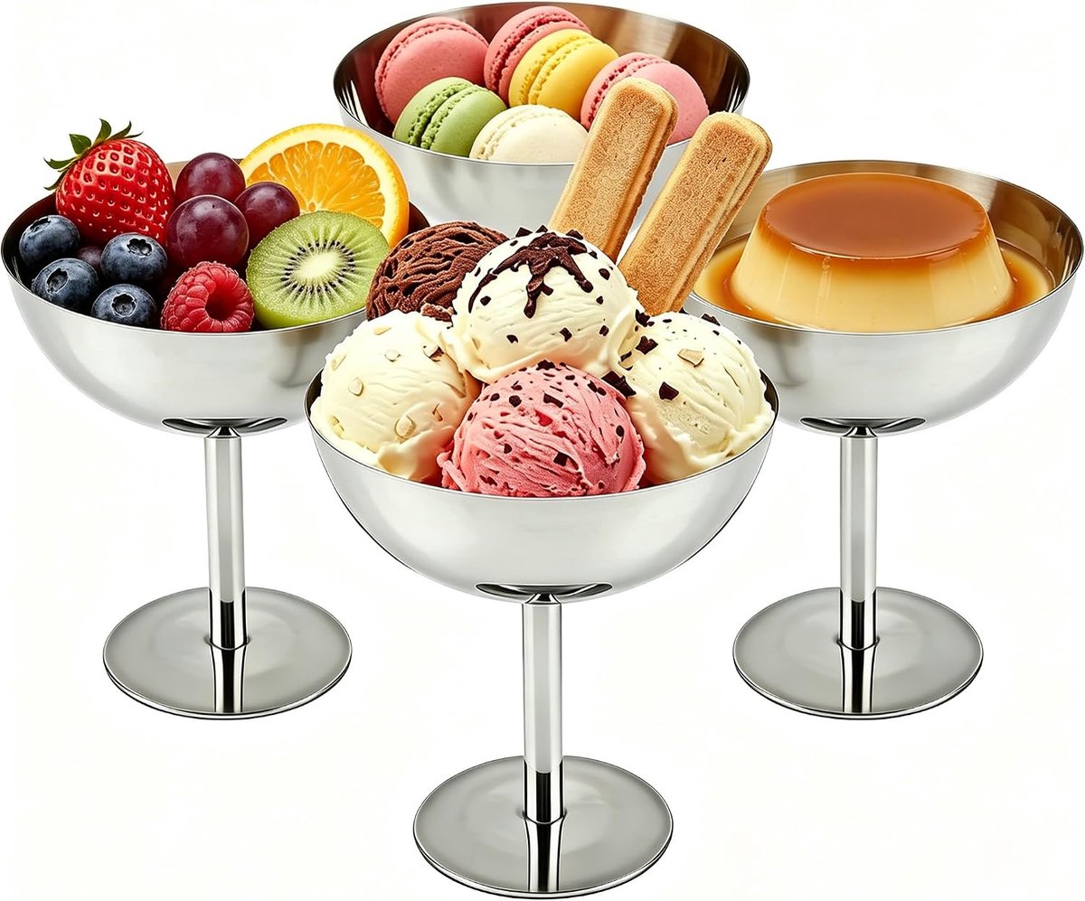 Set van 4 roestvrijstalen ijsbekers - vintage roestvrijstalen dessertkommen, cocktailglazen, ice cream sundae dessertglazen voor fruit, salade, yoghurt en fruitpudding voor feestjes (alle