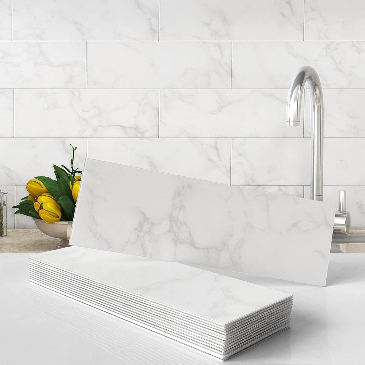 Zelfklevende tegels, plaktegels, 3D, mat, keuken, spatwand, badkamer, douche, wandpanelen, waterdicht, marmereffect, groot, hittebestendig (Carrara, 16 tegels)