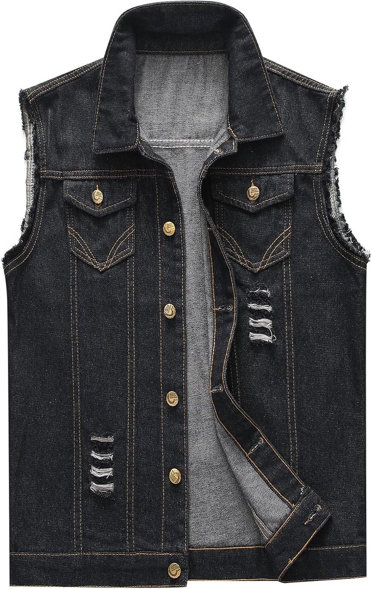 Heren Denim Gilet Casual Jeans Vest Ripped Cowboy Vest Metalen Knopen Mouwloos Vest Jas, Zwart, XXL
