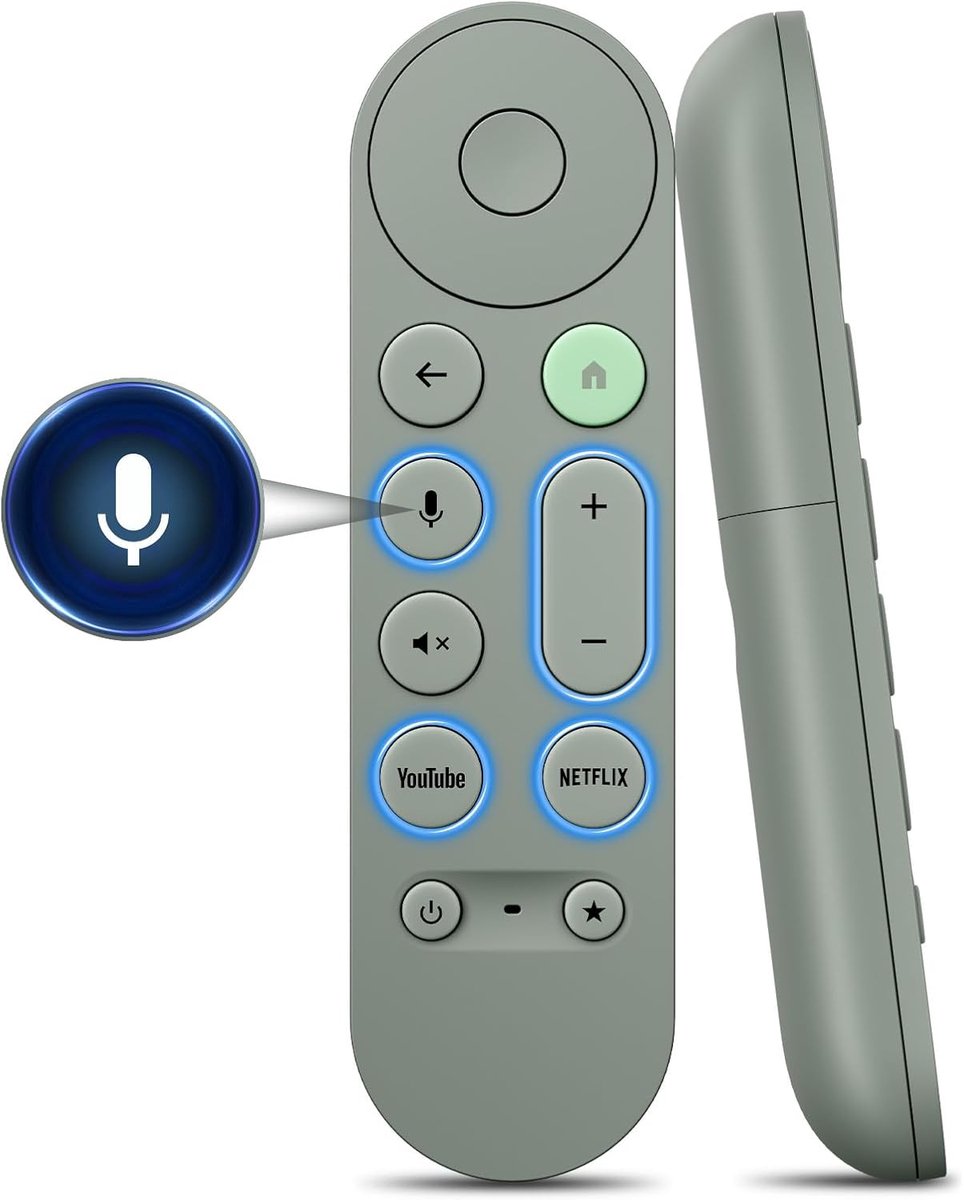 SnelShoppen - Stembediening Afstandsbediening voor Chromecast | Compatibel met Google TV 4K/HD | Bluetooth, 2 Sneltoetsen, Modern Grijs-Groen, Eenvoud