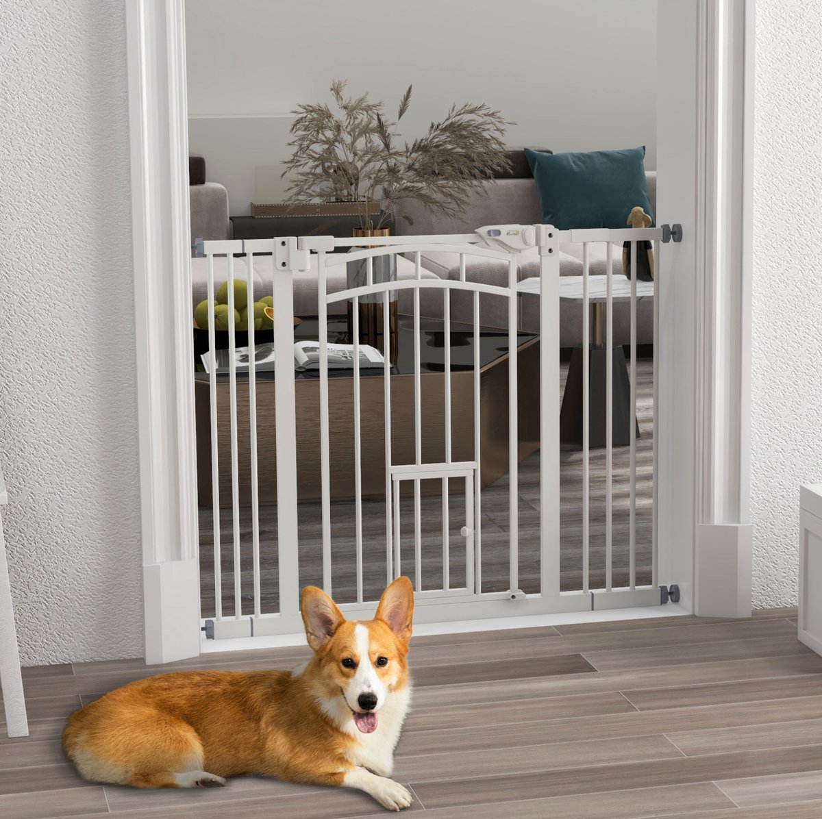 COVREO Hondenhek 74-100 cm, wit, staal, automatisch sluitend met kattenluik