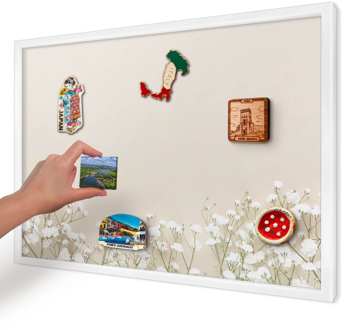 Artprintcave Beige Magneetbord mit Witte Lijst - 60x40 cm - Subtiele Natuur Magnetisch Bord - Minimalist Memobord Keuken - Bloemen En Planten