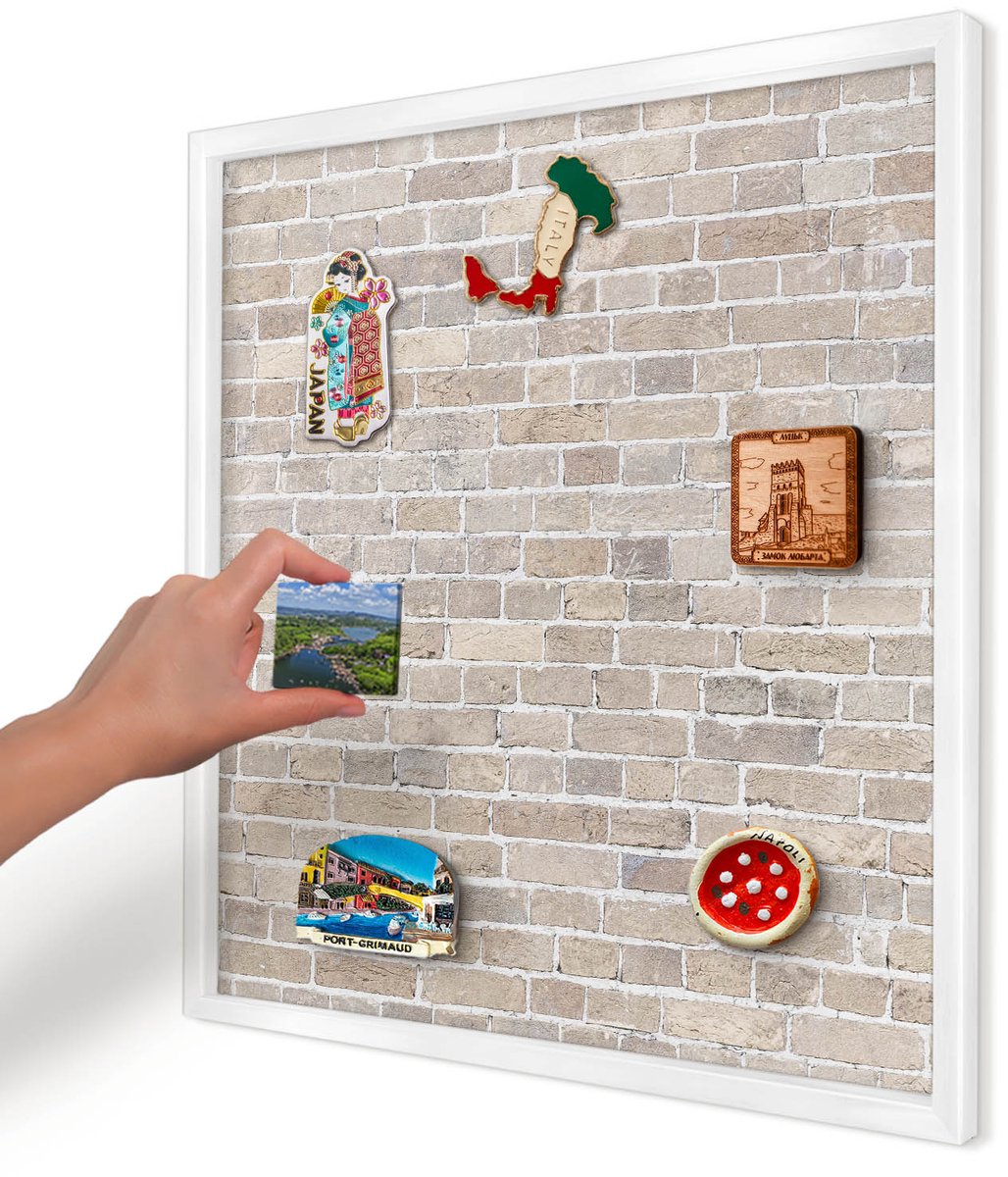 Artprintcave Beige Magneetbord mit Witte Lijst - 50x50 cm - Baksteenpatroon Memobord Keuken - Industrieel/Loft Magnetisch Bord Voor Magneten - Achtergronden En Patronen