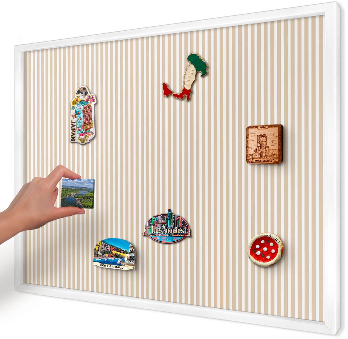 Artprintcave Beige Magneetbord mit Witte Lijst - 70x50 cm - Verticale Strepen Magnetisch Bord - Minimalist Magneetbord Voor Foto's - Achtergronden En Patronen