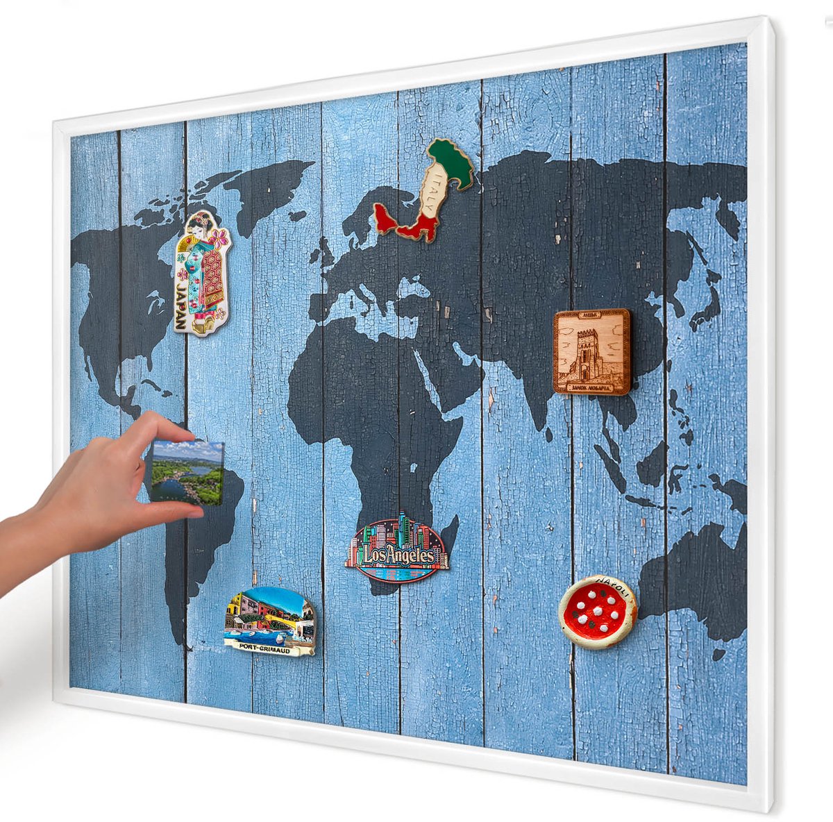Artprintcave Blauw Magneetbord mit Witte Lijst - 80x60 cm - Wereldkaart Magneet Bord mit Frame - Rustiek Magneetbord Voor Keuken - Kaarten