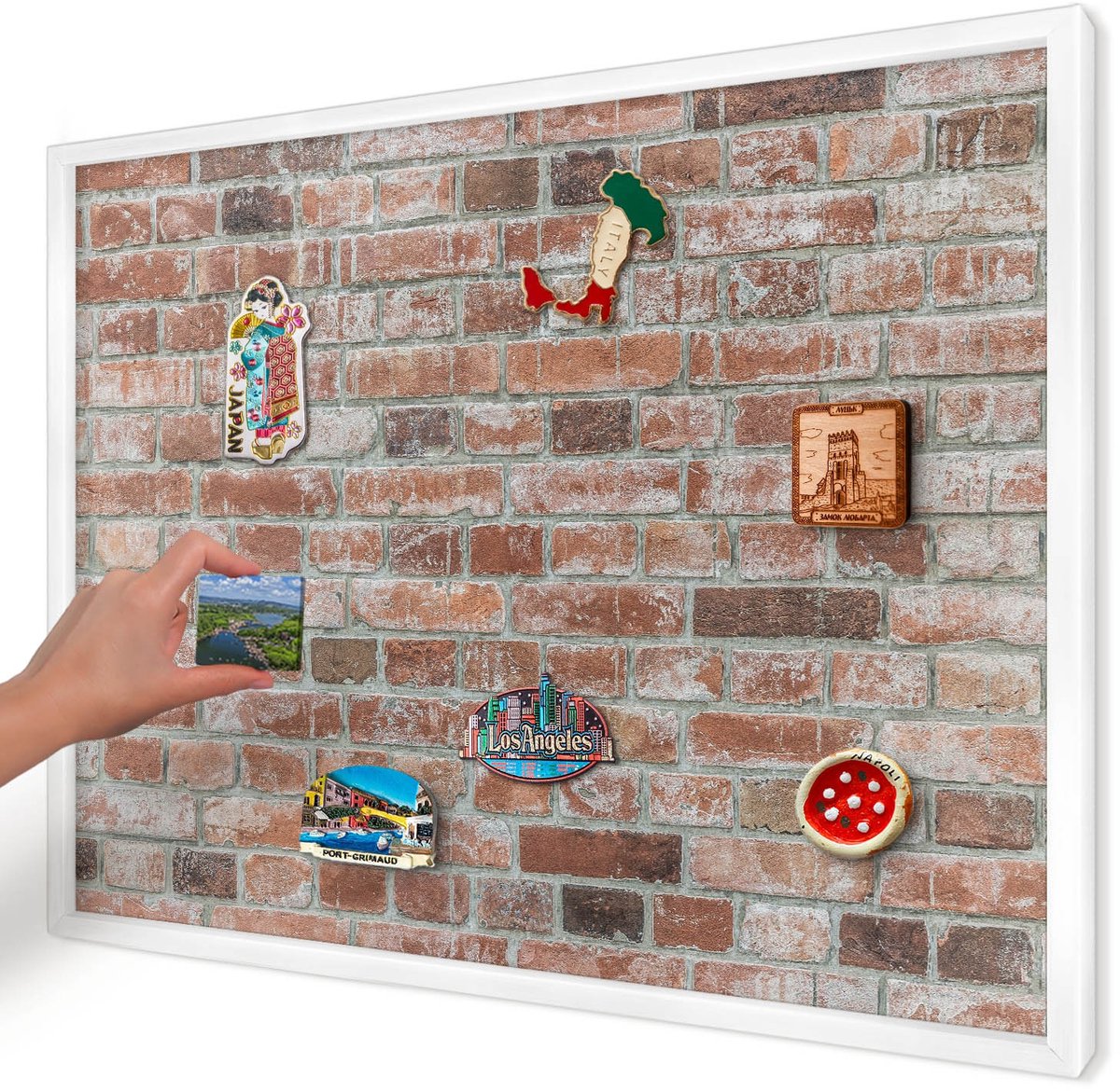 Artprintcave Rood Magneetbord mit Witte Lijst - 70x50 cm - Bakstenen Muur Notitiebord - Industrieel/Loft Magnetisch Bord - Texturen