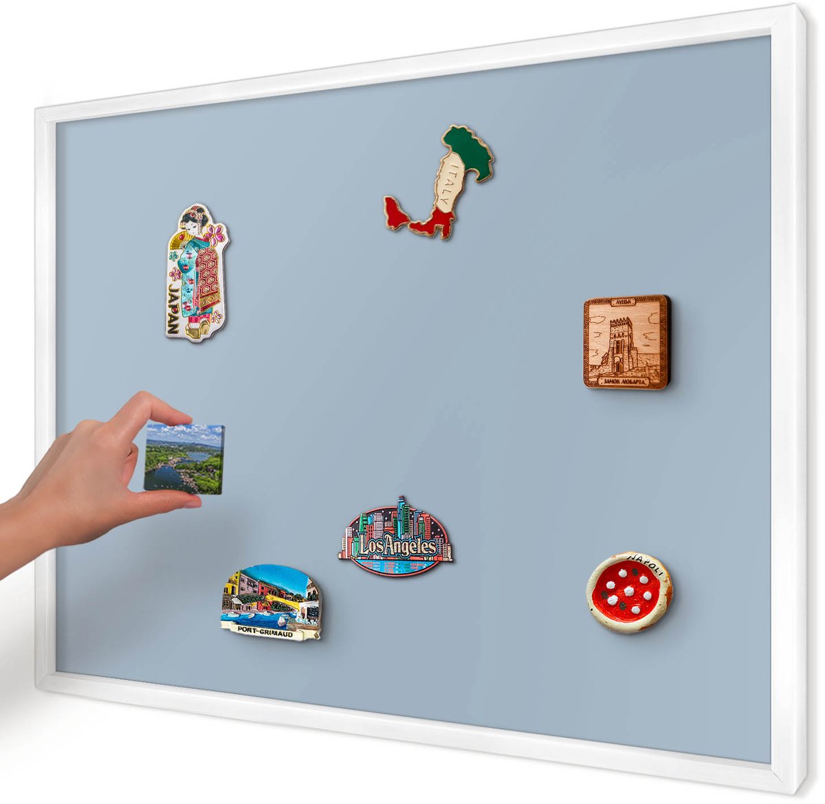 Artprintcave Blauw Magneetbord mit Witte Lijst - 70x50 cm - Pastelblauw Magneetbord Voor Keuken - Minimalist Magnetische Organizer - Achtergronden En Patronen