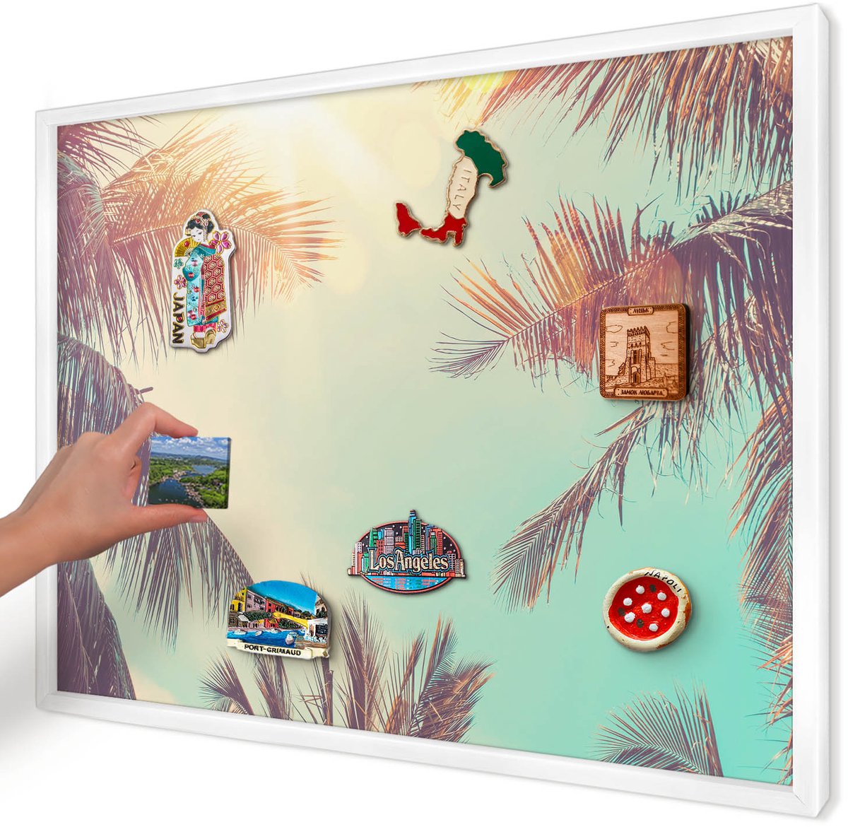 Artprintcave Turkoois Magneetbord mit Witte Lijst - 70x50 cm - Tropisch Paradijs Magnetische Organizer - Vintage Memobord Keuken - Natuur