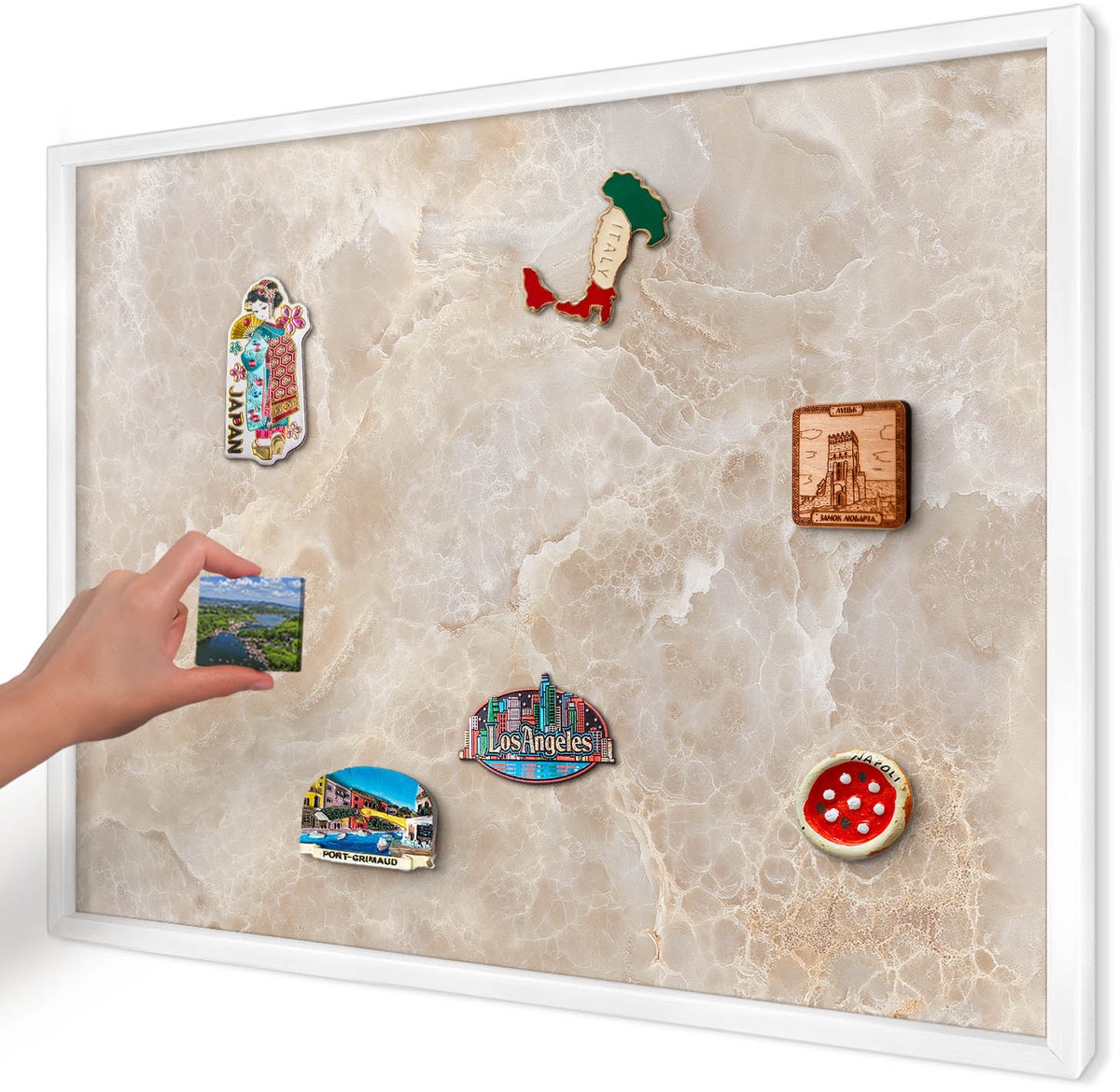 Artprintcave Romig Magneetbord mit Witte Lijst - 70x50 cm - Crème Marmer Magnetisch Bord - Modern Magneetbord Voor Keuken - Texturen