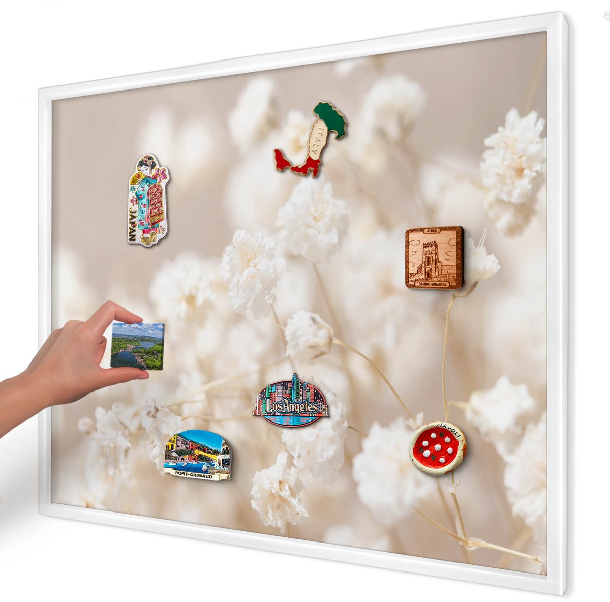 Artprintcave Beige Magneetbord mit Witte Lijst - 80x60 cm - Beige Bloemen Memobord Keuken - Minimalist Magnetisch Bord - Bloemen En Planten