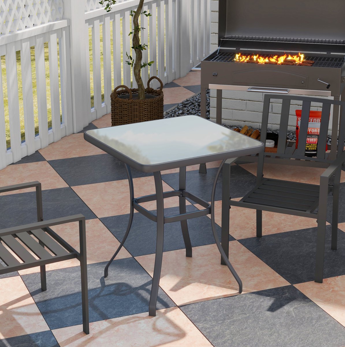 COVREO Tuintafel 68,5 x 68,5 cm zwart, van metaal met gehard glas