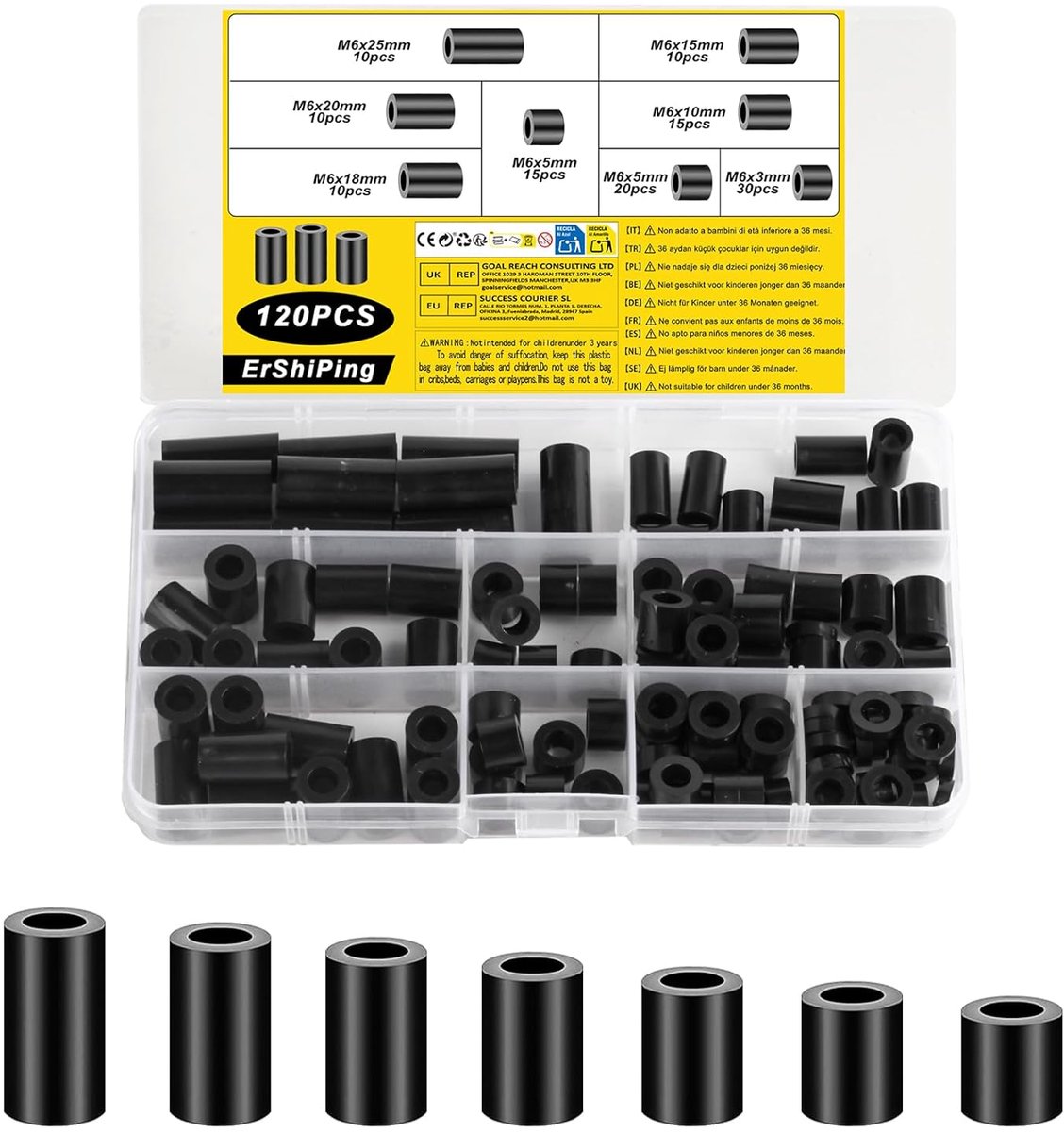 SnelShoppen - 120pcs M6 ABS Rubber Spacer Sleeves | Nylon Wasmachines, Plastic, Ronde Spacers, Zwart, Isolatie, Niet-Geschroefd voor Schroeven