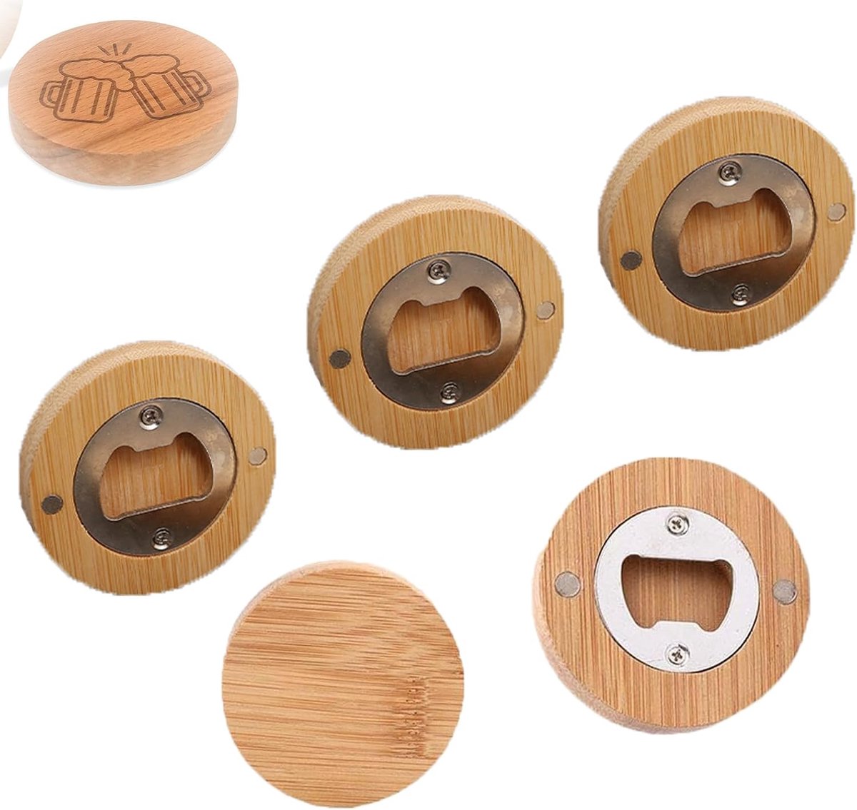 SnelShoppen - Magnetische Flessenopener Hout - 5 Stuks - Ronde Bieropener - Draagbare Bamboe Flessenopener met Magnetische Bevestiging - 6 cm Diameter