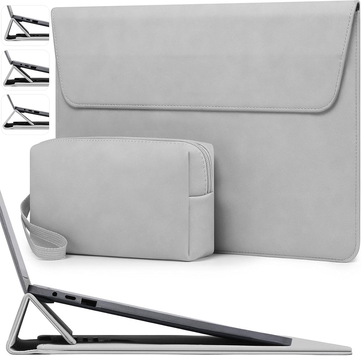 SnelShoppen - 15 Inch Laptop Sleeve met Verstelbare Stand - Licht Grijs - Geschikt voor MacBook Air 15, MacBook Pro 15 en Surface Laptop 15 - Bescherm
