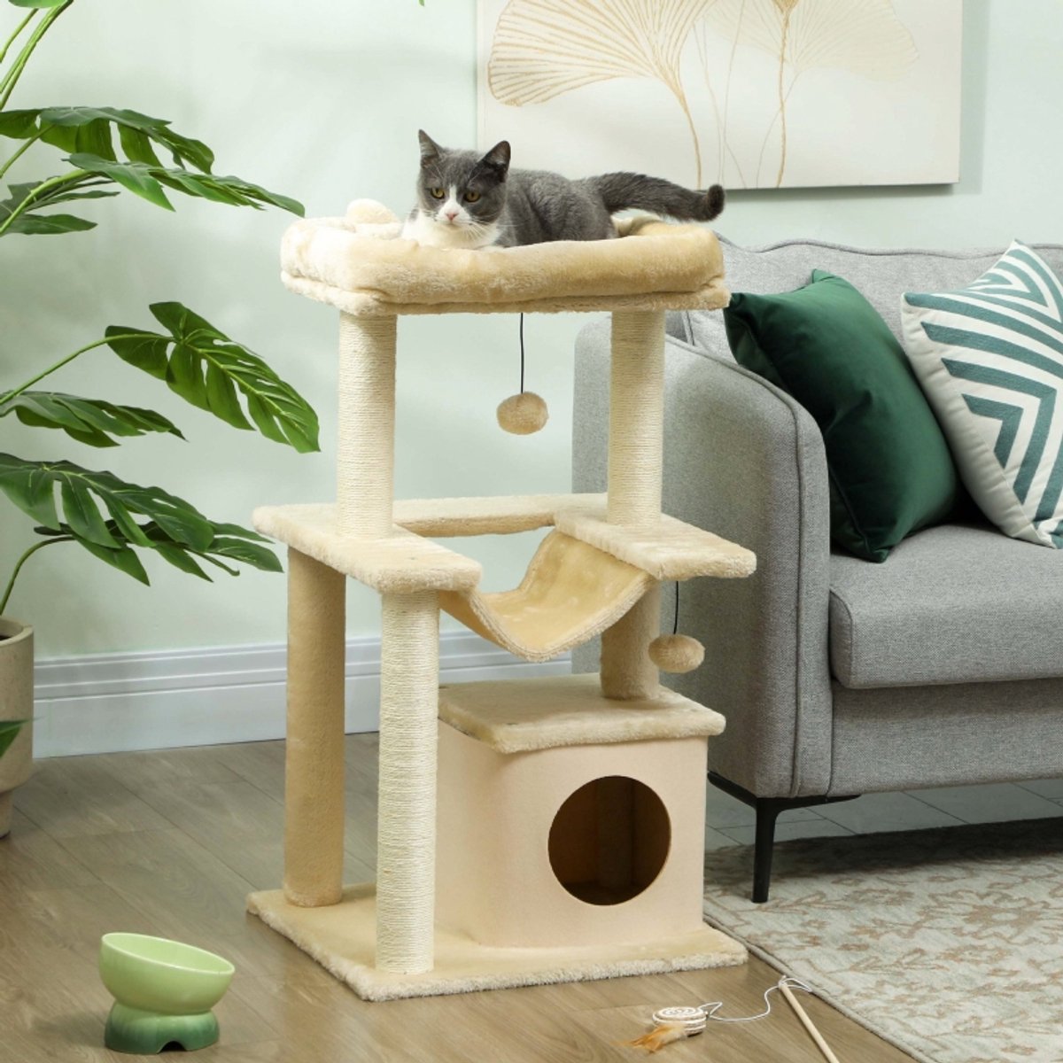 DESMIU Krabmeubel – Multifunctionele Krabpaal Met Hangmat – 48 x 48 x 90 cm – Polyester, Sisal En Hout – Crèmewit – Met Huisje En Speelbal