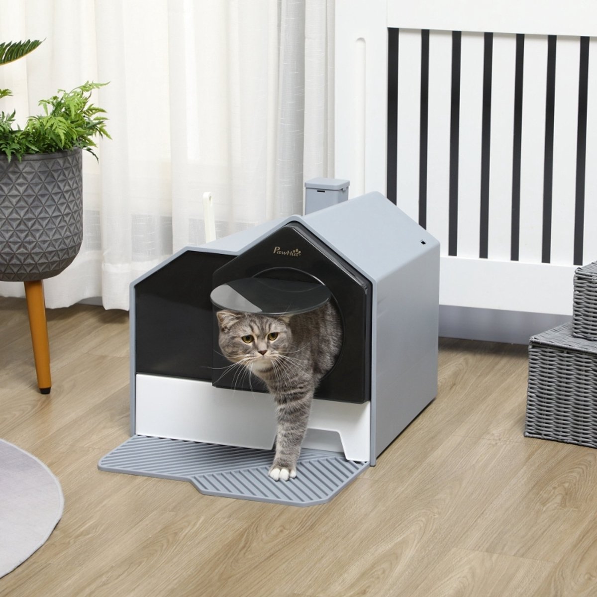 DESMIU Kattenbak - Gesloten Huttendesign Met Zeefmat - 47 x 45 x 42 cm - Kunststof - Grijs - Met Uitneembare Bodembak En Schep