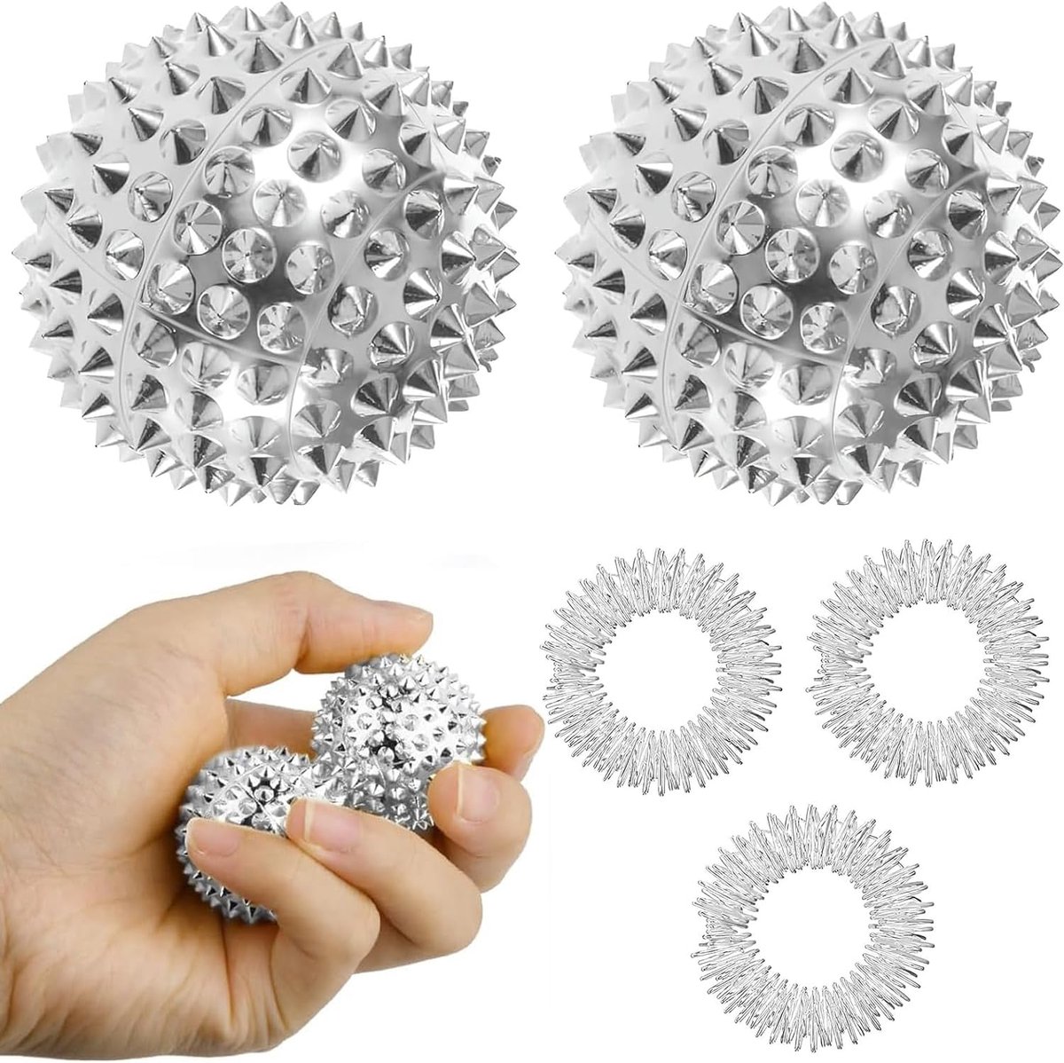 Massagebal set 3.2cm - zilver - met magnetische veerringen - voor handtherapie - SnelShoppen
