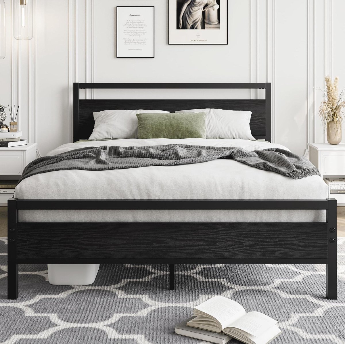 FloraGrace Bed 120x200 cm - Stevig Bedframe Met Lattenbodem En Opbergruimte - Voor Slaapkamer En Logeerkamer - Metaal En MDF - Zwart - Zonder Matras