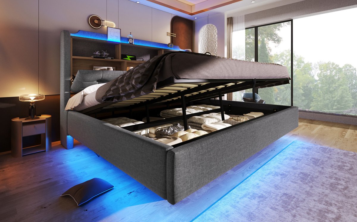 FloraGrace Gestoffeerd Bed 180 x 200 cm - Bed Met Led Lichtstrip En Usb En Type C Aansluitingen - Hydraulische Opbergruimte - Stof - Grijs - Zonder Matras