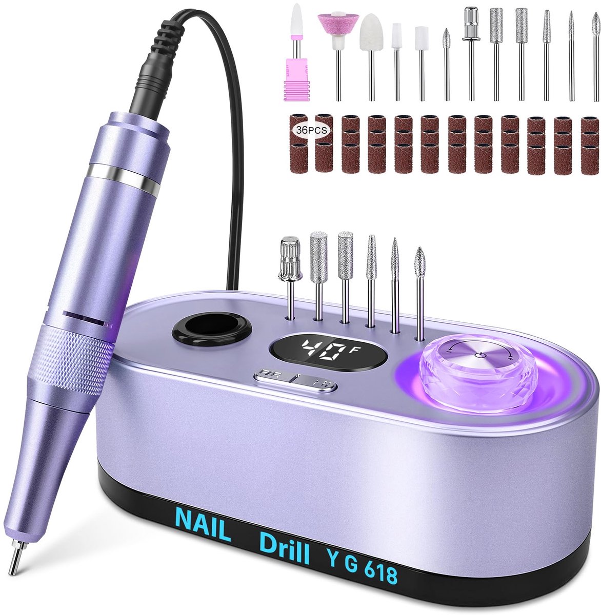 Professionele Nagelfrees - 40000 RPM Elektrische Nagelvijl - Manicure en Pedicure Apparaat voor Acryl, Gelnagels en Kunstnagels - Multifunctionele Nagelboor Set met 6 Freesbits - Touch Bediening met LED Verlichting - Paars