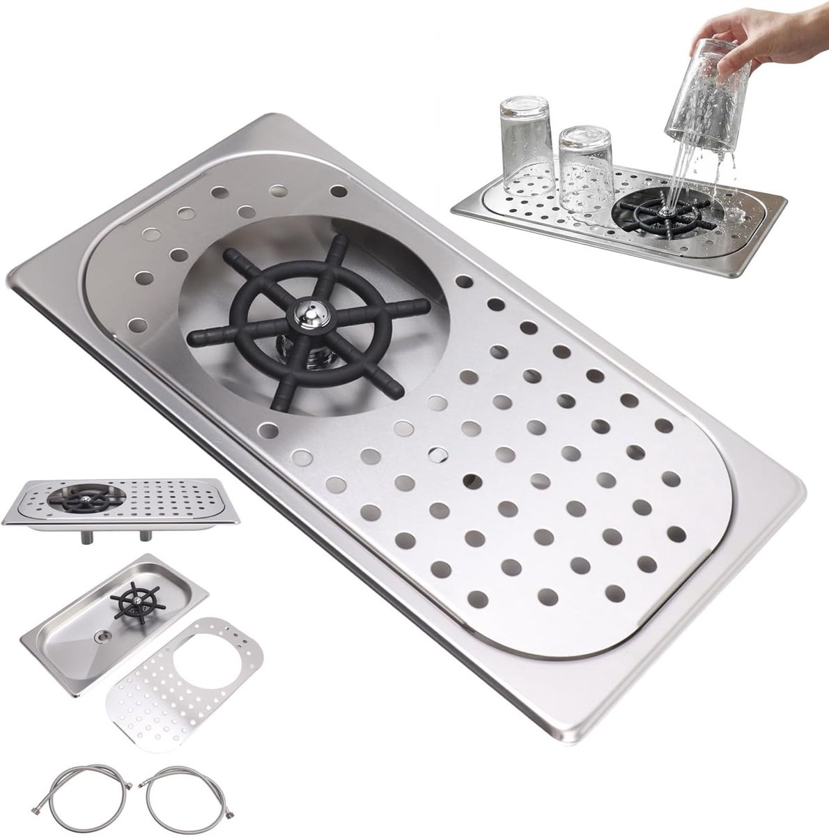 Barspoelbak met glazen spoeler, roestvrij stalen kanspoeler, kopspoeler, glasreinigingsspoeler, hogedrukreiniging met afvoer en afdruipbak, slang voor bar, café (roestvrij staalkleur A)