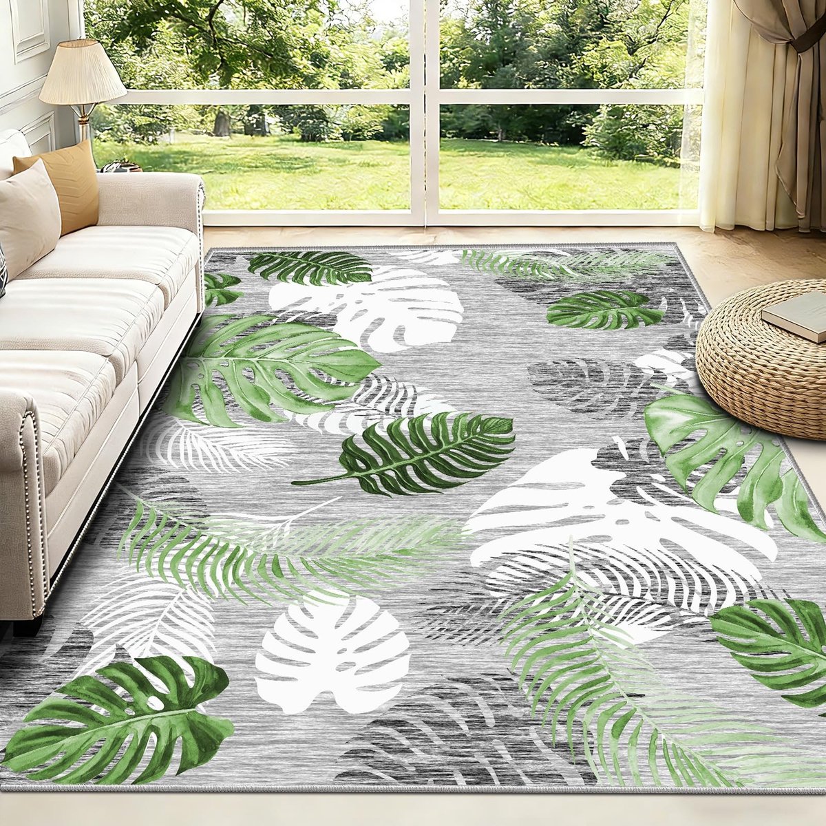 Omgoods - Groen Kortpolig Vloerkleed 140x200cm - Wasbaar, Antislip, Bladpatroon