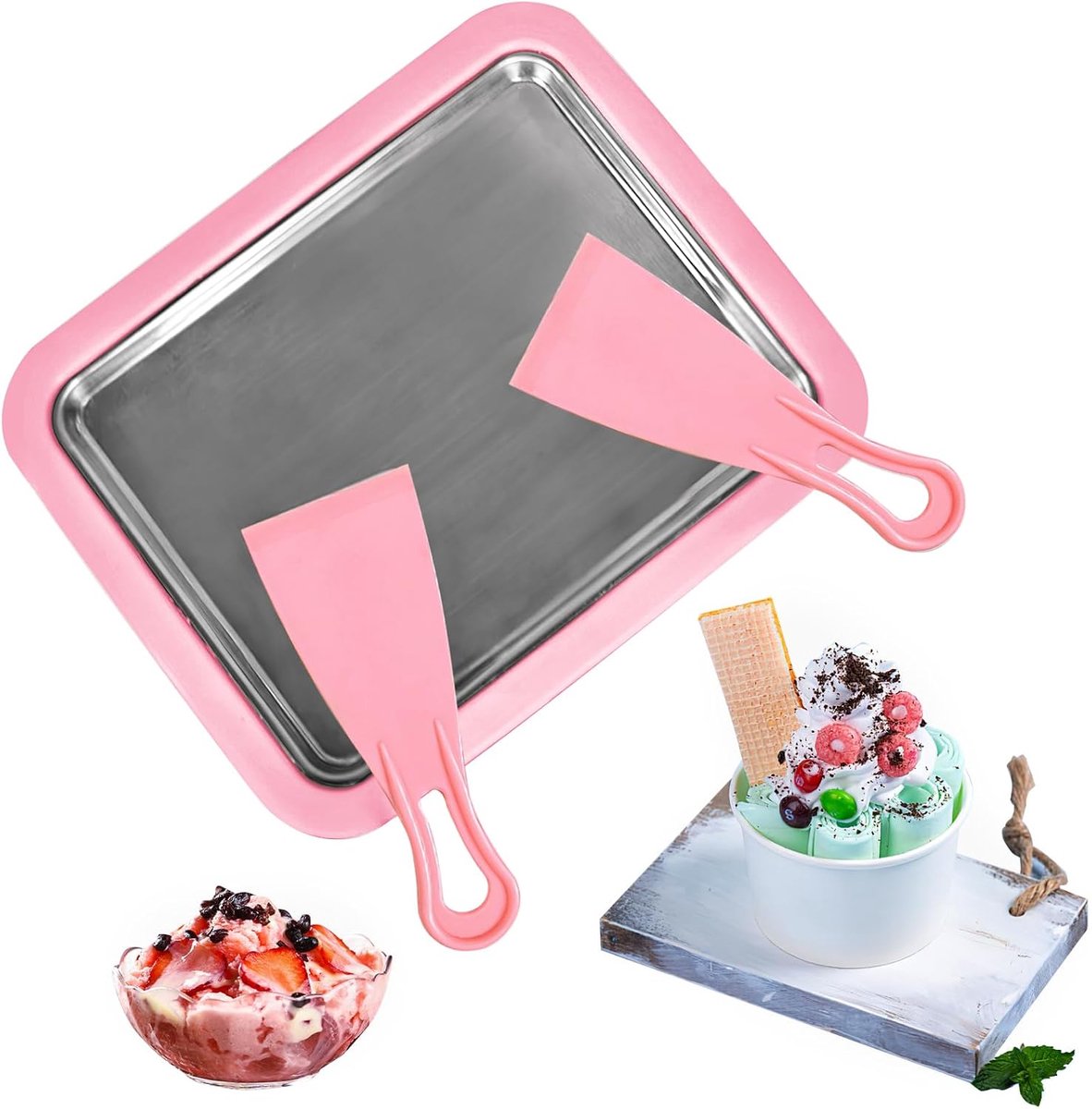 IJsplaat om ijs te maken, rolgeleismachineplaat om zelf ijs te maken, ijsrolplaat met 2 twee spatels, doe-het-zelf ijsmachine voor Gelato, sorbet, bevroren yogurt (roze)