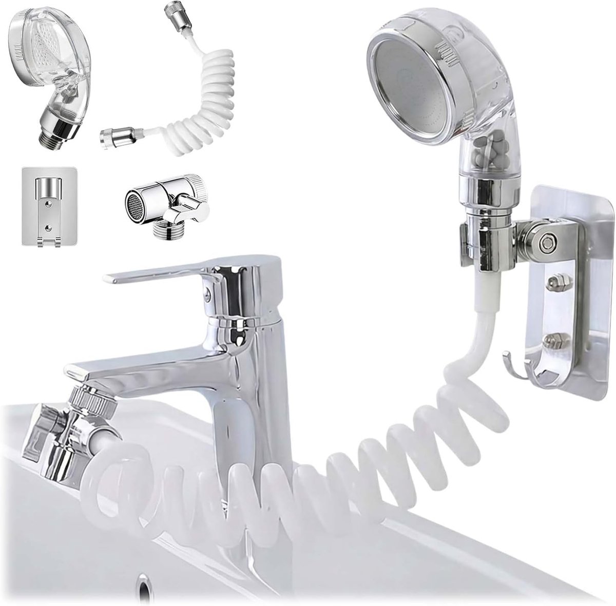 Handdouchekopset, 3 meter telescopische slang + omschakelventiel + accessoireset, bidet handdouche inzetstuk, handdouche met slang, handdouche met houder, voor wastafel douchekoppen