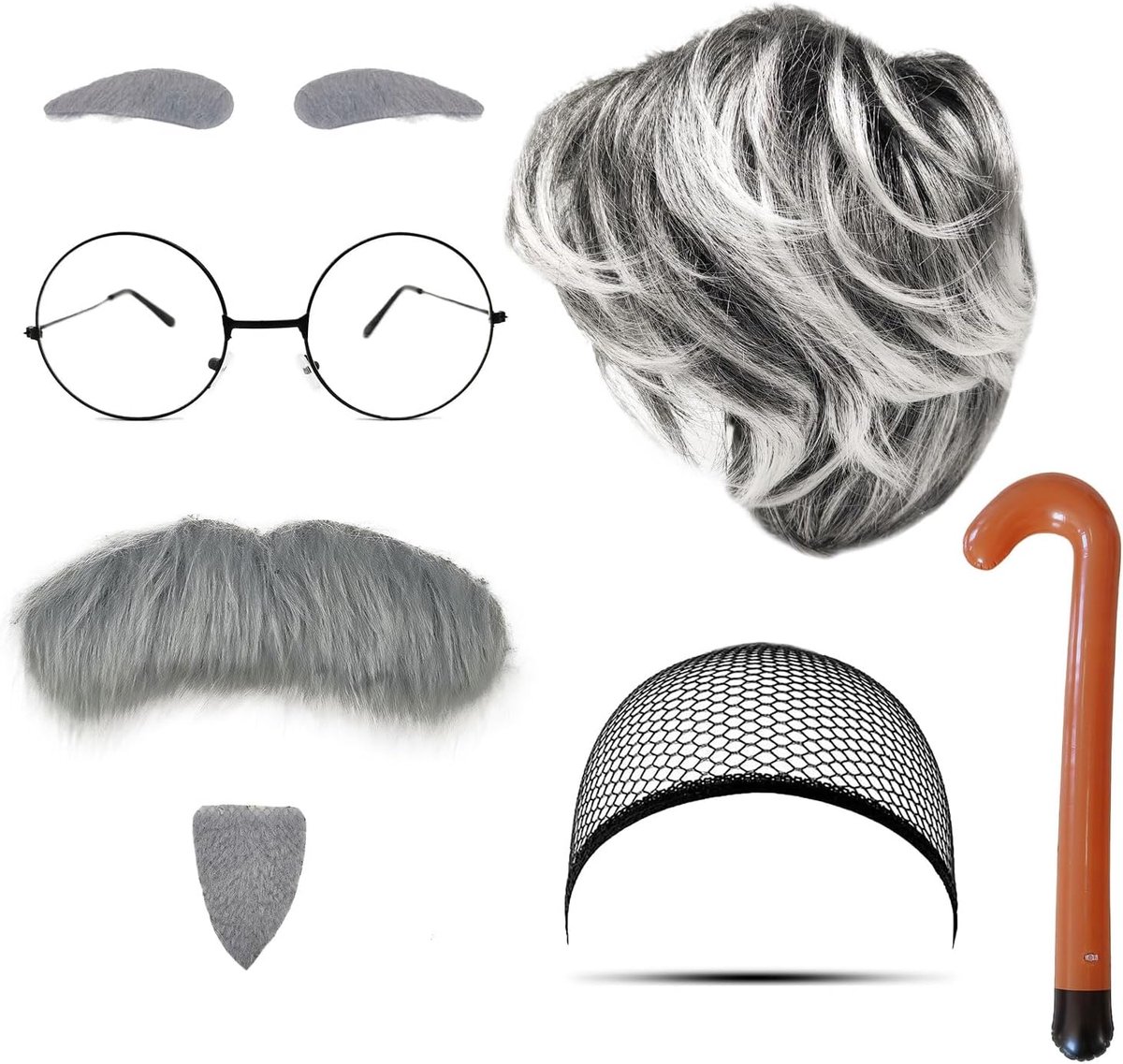 Mannenpruik Set Grijze Pruik Nepbaard Wenkbrauwen Kap Bril Opblaasbare Wandelstok Oude Man Mannenkostuum Opa Kostuum Opa Pruik Mannen Fancy Dress voor Cosplay Party