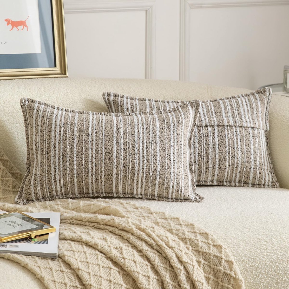 Omgoods - Boucle Kussenhoezen Set van 2 - 40x80 cm in Donkerbeige voor Boho Interieur