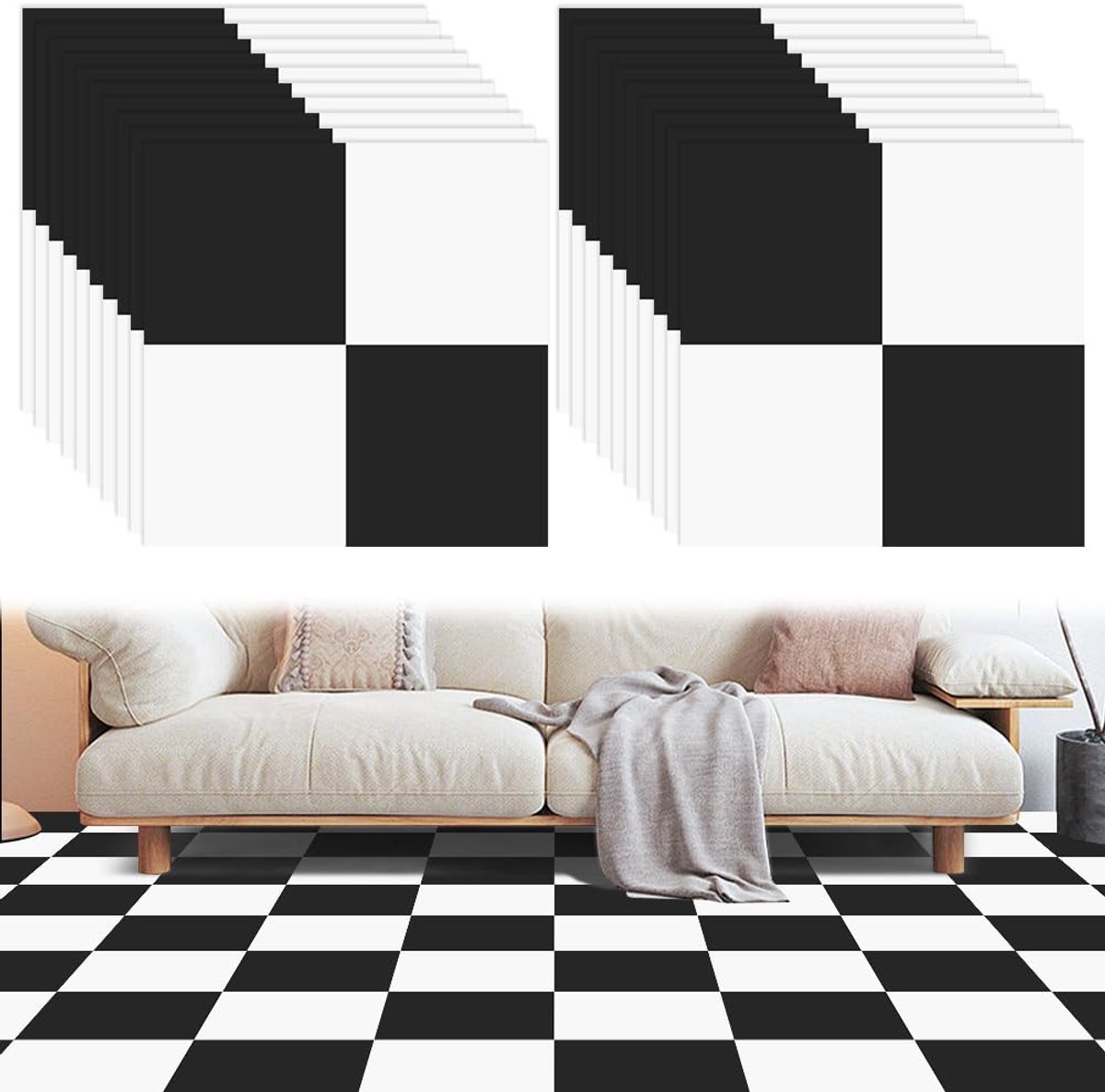 20 stuks pvc-vloerstickers, zelfklevend, 30 x 30 cm, vinyl vloerstickers, zwart-wit schaakborddesign, waterdicht en antislip, zelfklevende vloertegels voor keuken, badkamer, woonkamer