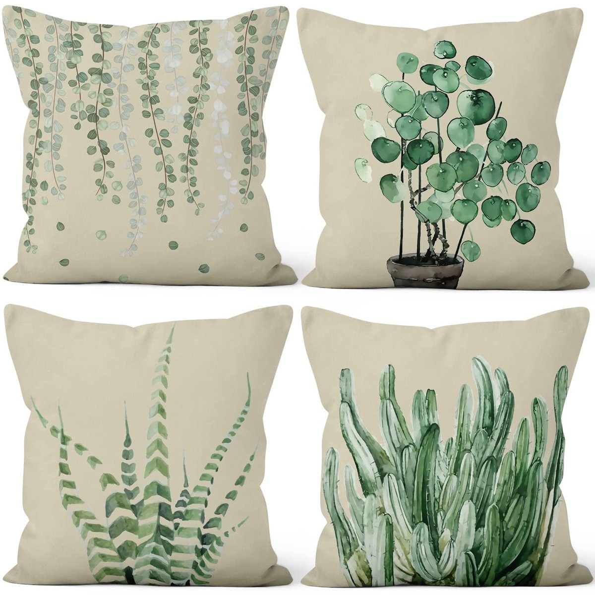Omgoods - Set van 4 Groene Planten Kussenhoezen - Kunstzinnige Cactus Motieven voor Woonkamer en Slaapkamer