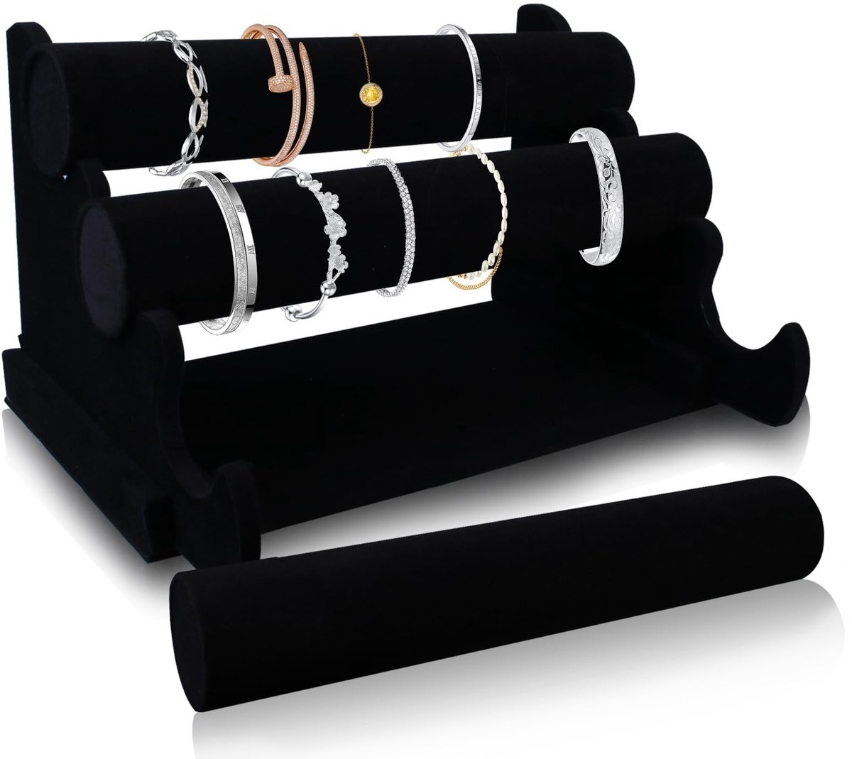 Omgoods - Velvet Sieradenstandaard met Verwijderbare 3 Laags T-standaard - Zwart