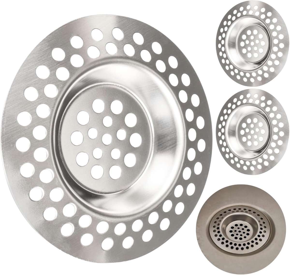 Set van 3, Ø 70 mm, Geschikt voor afvoeren met inwendige Ø 42 mm, Steekt 9.5 mm diep uit in de uitloop, Gootsteenzeefjes met geoptimaliseerde pasvorm, Ideaal voor Spoelbak en Douche