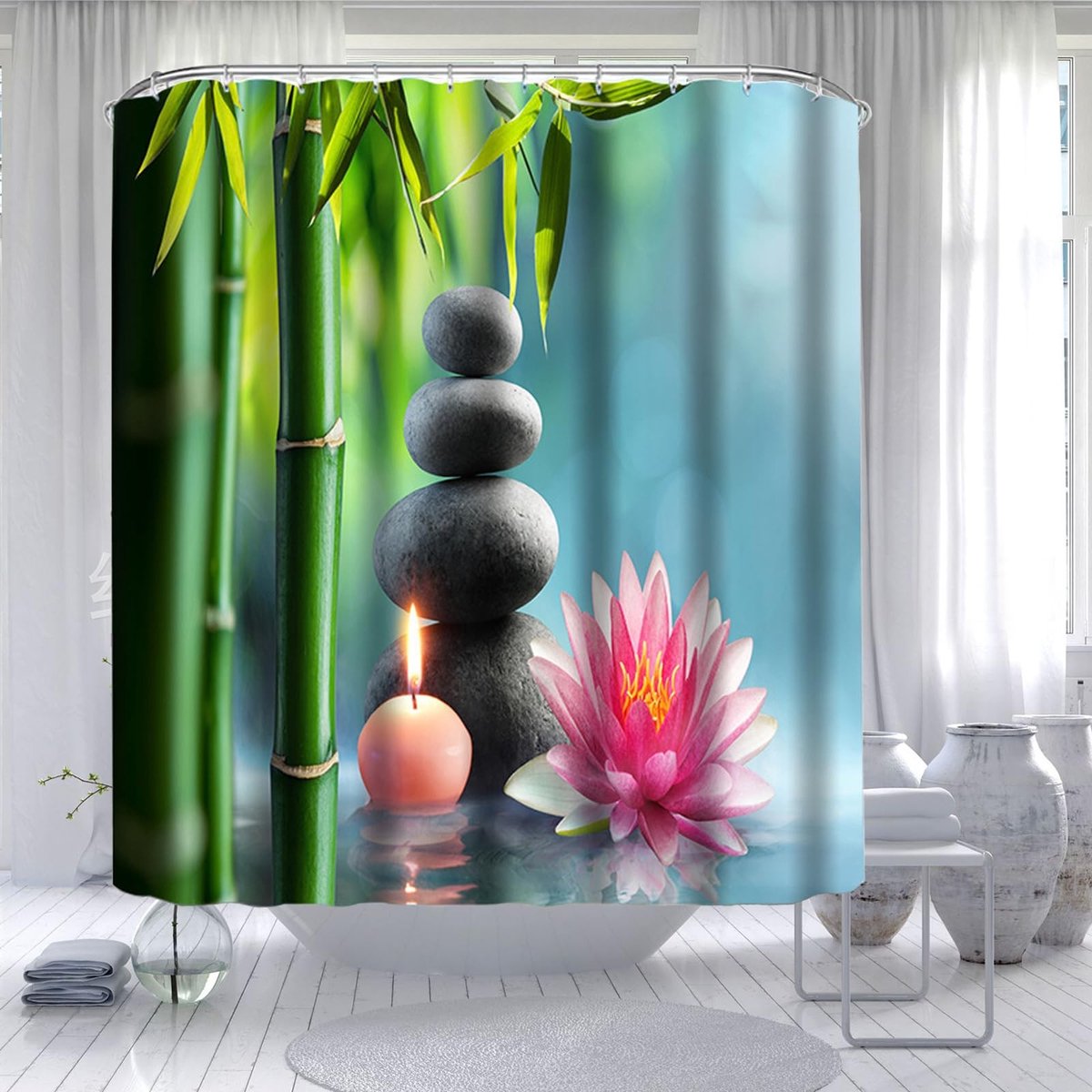Omgoods - 3D Douchegordijn met Bamboe en Bloemenpatroon - 180 x 200 cm