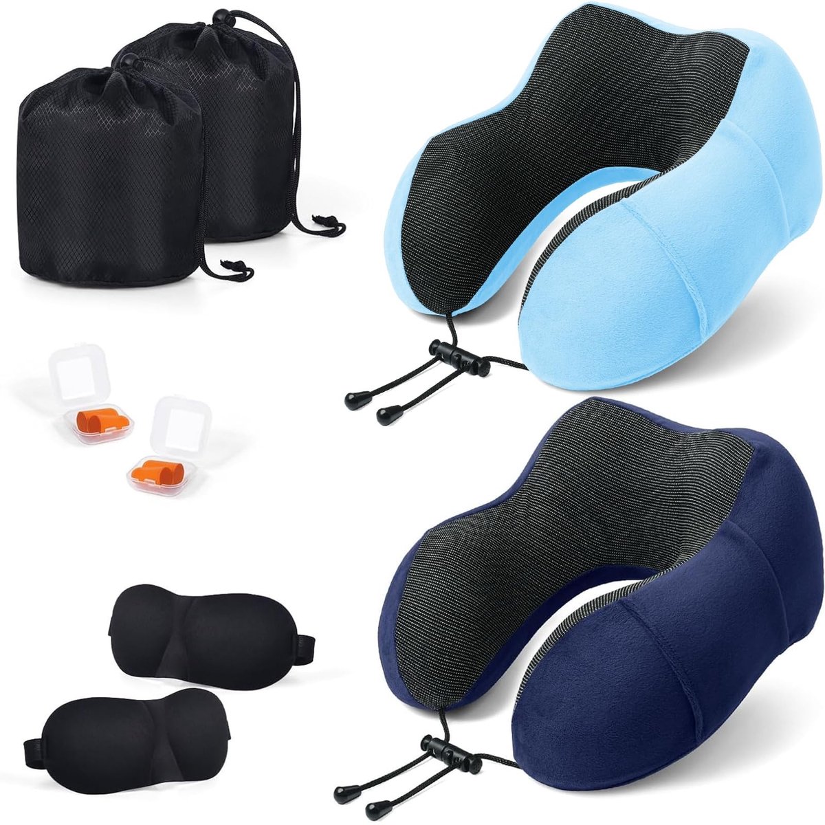Omgoods - Reis Kussen Set van 2 - Geheugenfoam Neksteun met Slaapmasker en Oordopjes