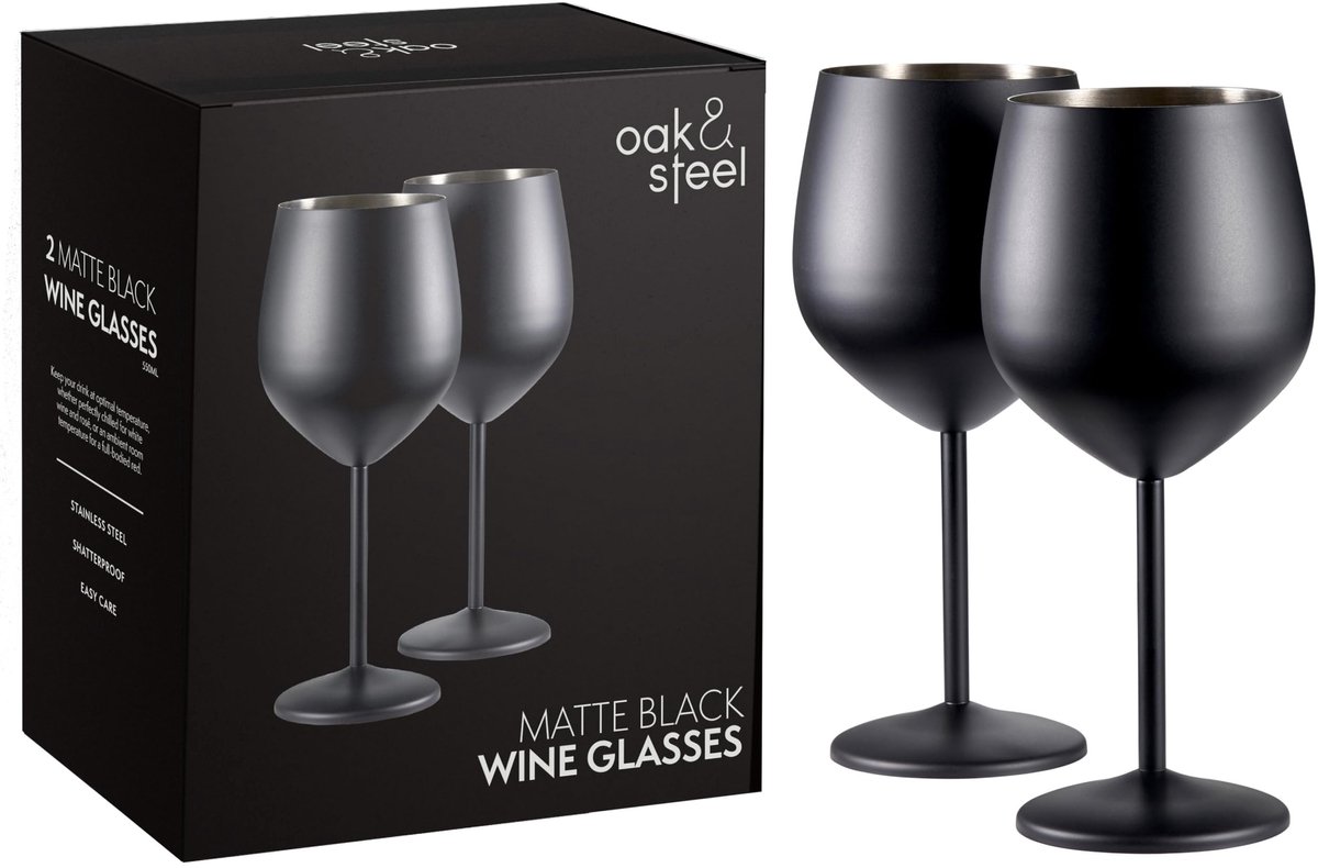 Omgoods - Set van 2 Elegante Zwarte Wijnglazen - Schokbestendig en Voor Binnen of Buiten