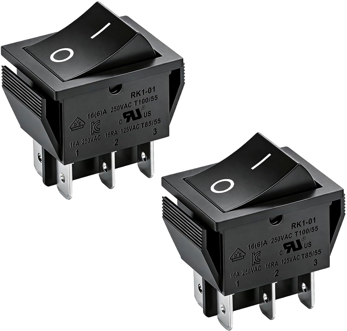 Aan-uit tuimelschakelaar, DPDT, 6 eindpunten, 16 A 250 VAC, zwart, 2 stuks