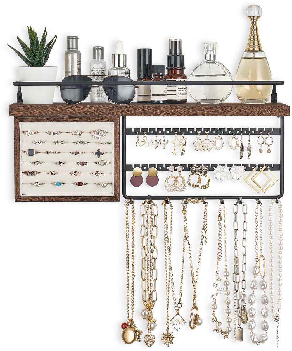 Omgoods - Wandgemonteerde Sieraden Organizer met Houten Plank en Ringdisplay