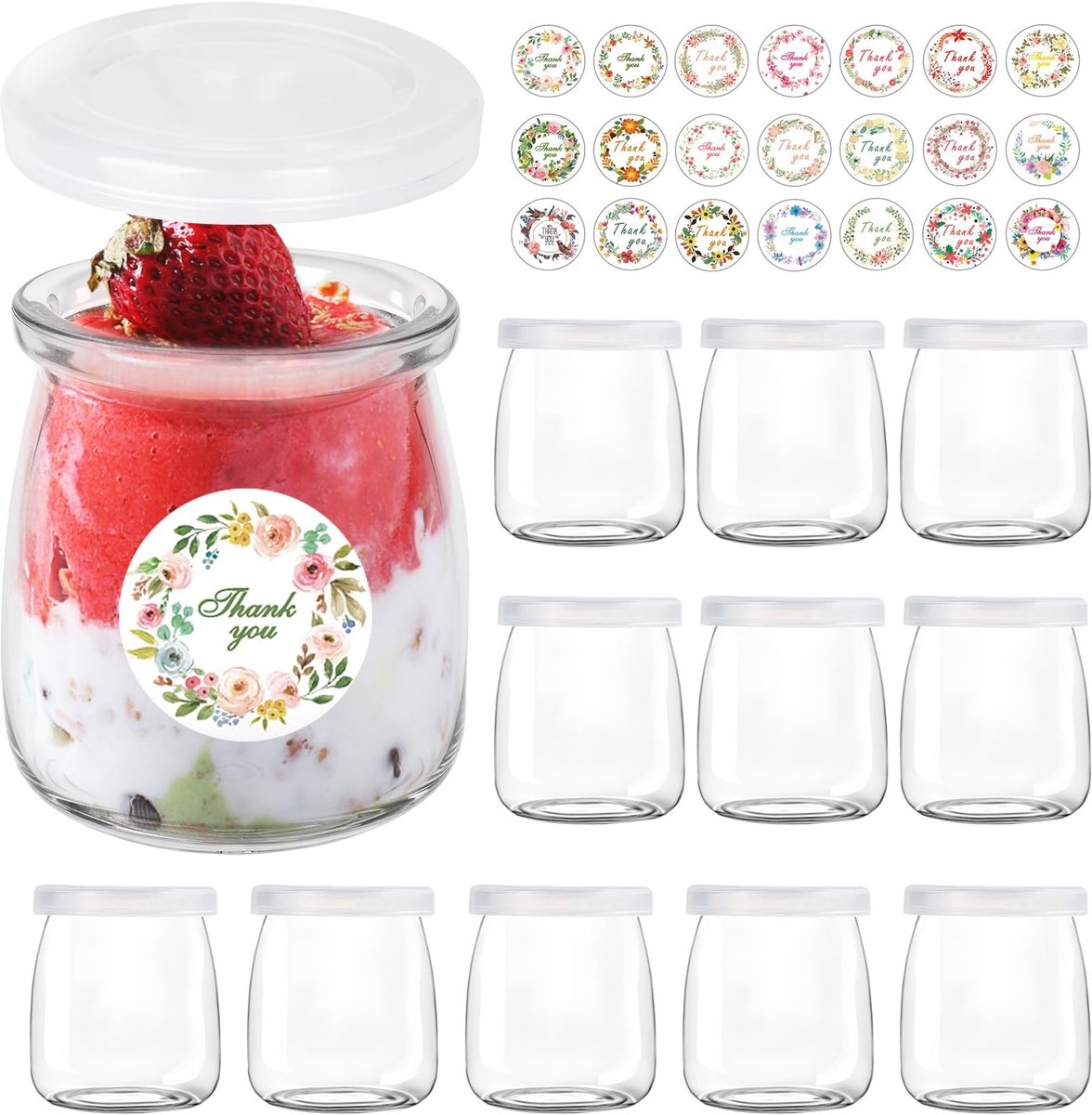 Omgoods - 12 Stuks 150ml Heldere Yoghurtpotjes met Deksel - Glazen Flessen voor Snoep en Dessert