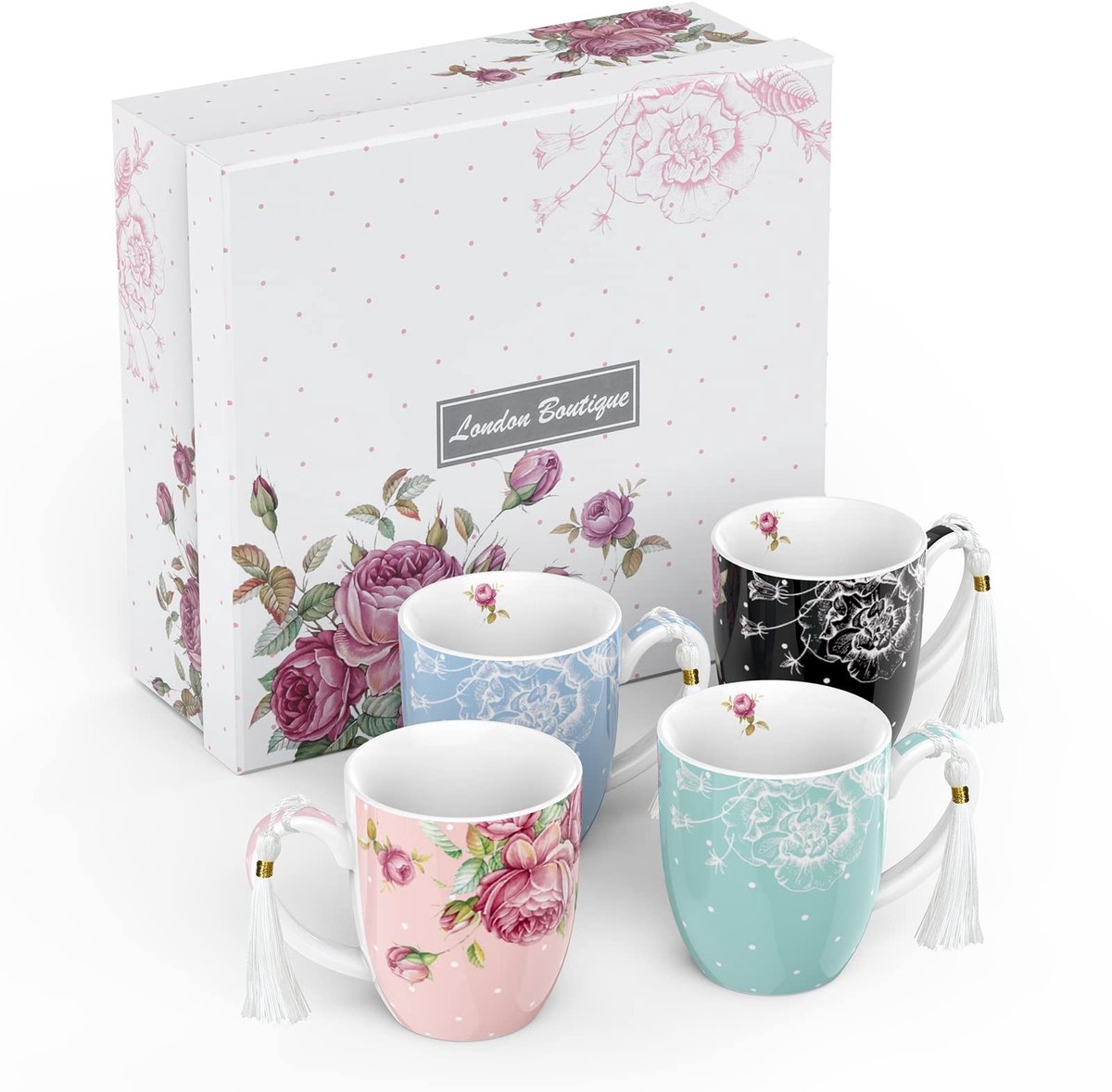 Omgoods - Vintage Mokken Set van 4 - Shabby Chic Bloemenmotief 350ml