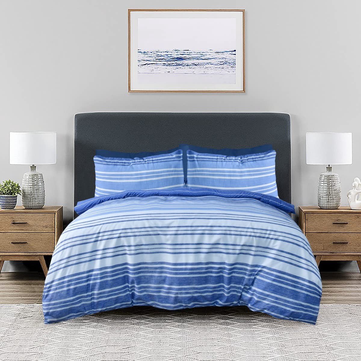 Omgoods - Reversible Duvet Cover Set met Stripes in Navy en Wit, Super King