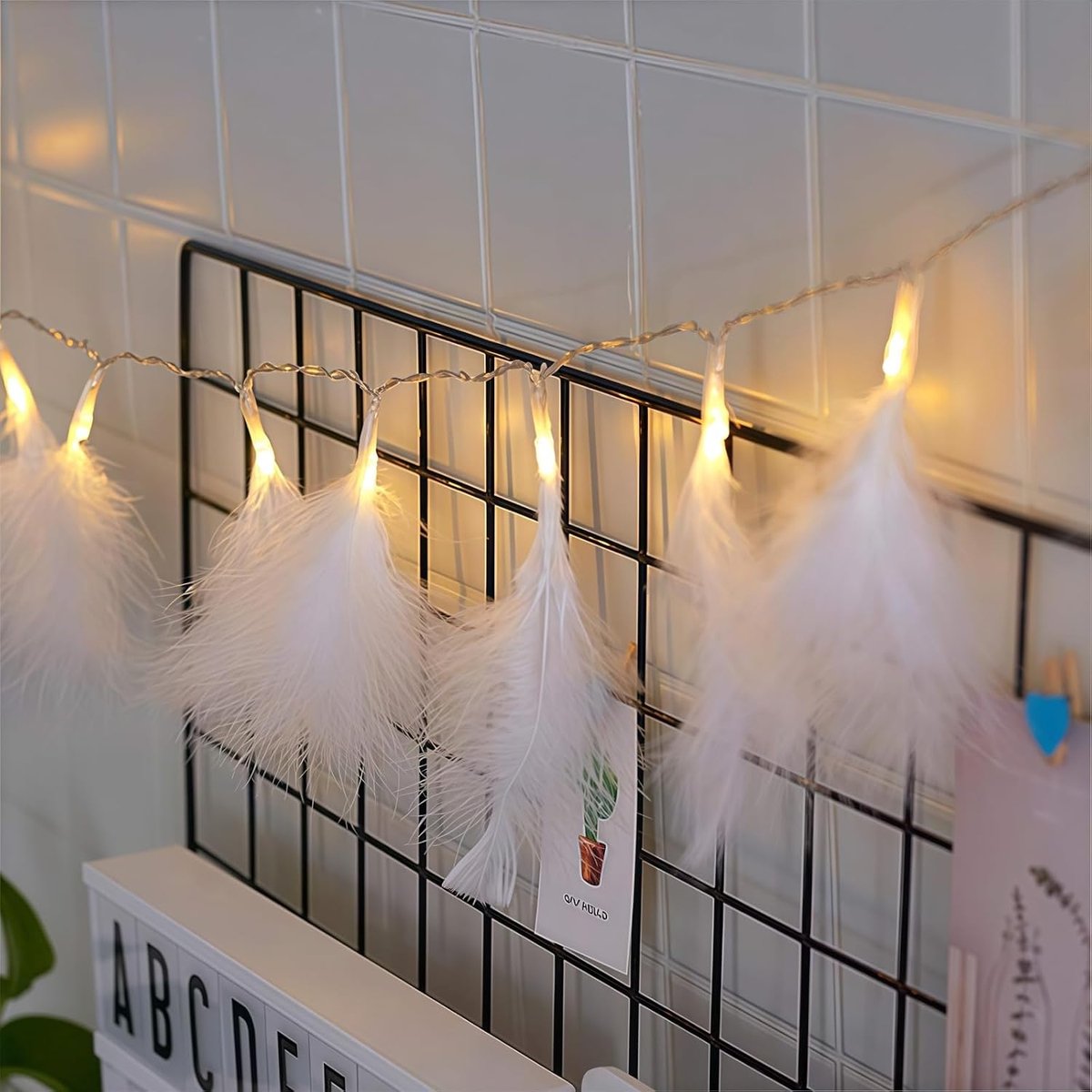 Lichtsnoer met 20 leds, 2 m, witte veren, werkt op batterijen, romantisch wandgordijn, decoratie voor bruiloft, verjaardag, feest, slaapkamer, binnen, warmwit, lichtketting Kerstmis