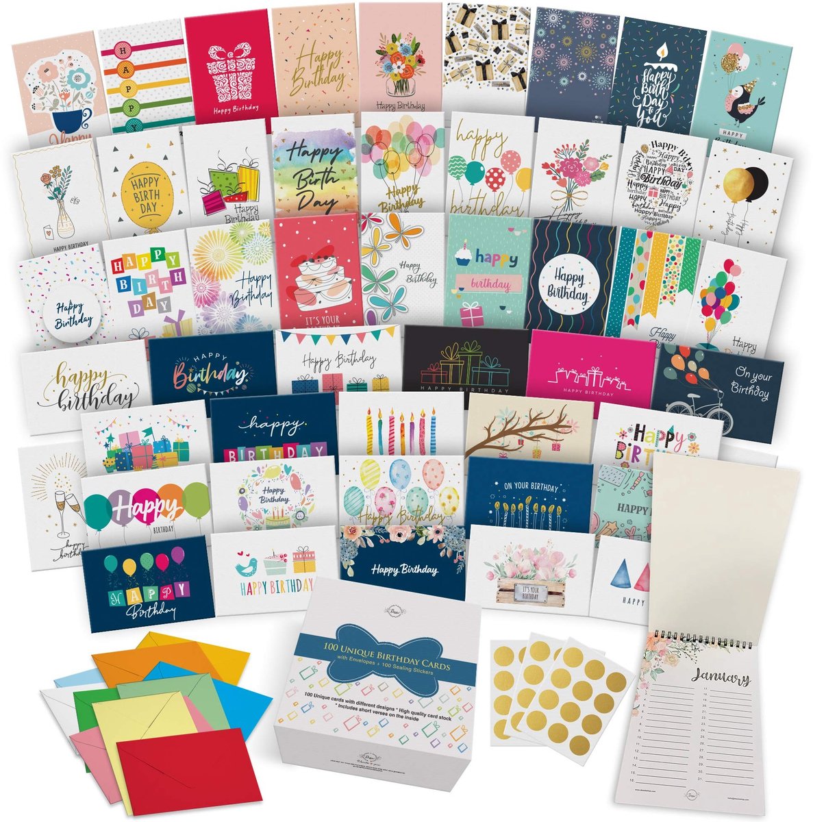 Omgoods - 100 Unieke Verjaardagskaarten met Enveloppen en Stickers
