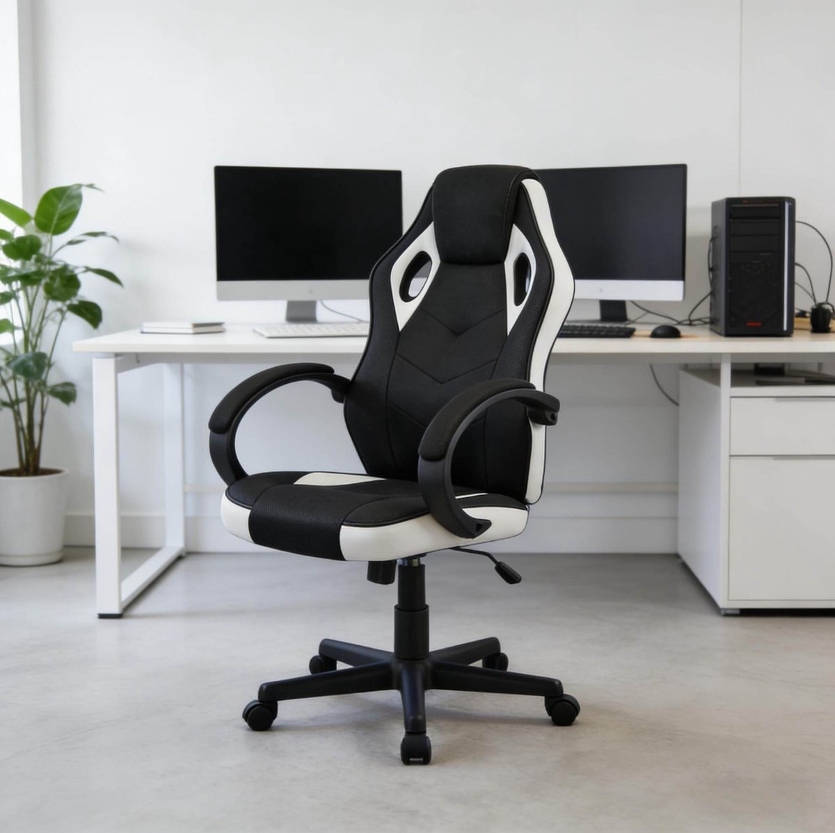 COVREO Gamingstoel 114 cm zwart wit, mesh en metaal met hoofdsteun